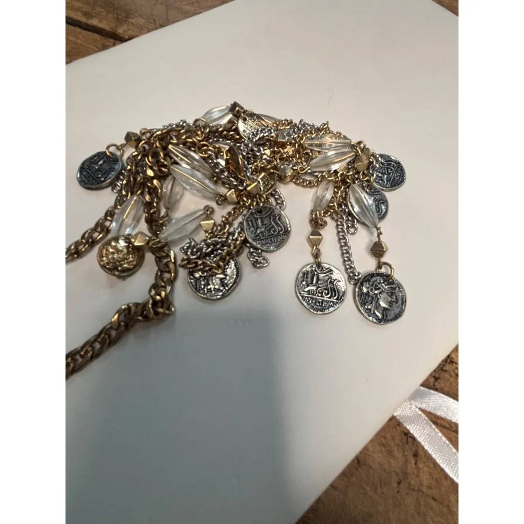 Vintage Gold & Silver Tone Coin Statement Necklace With Clear Beads & Chain Frin - Image 8