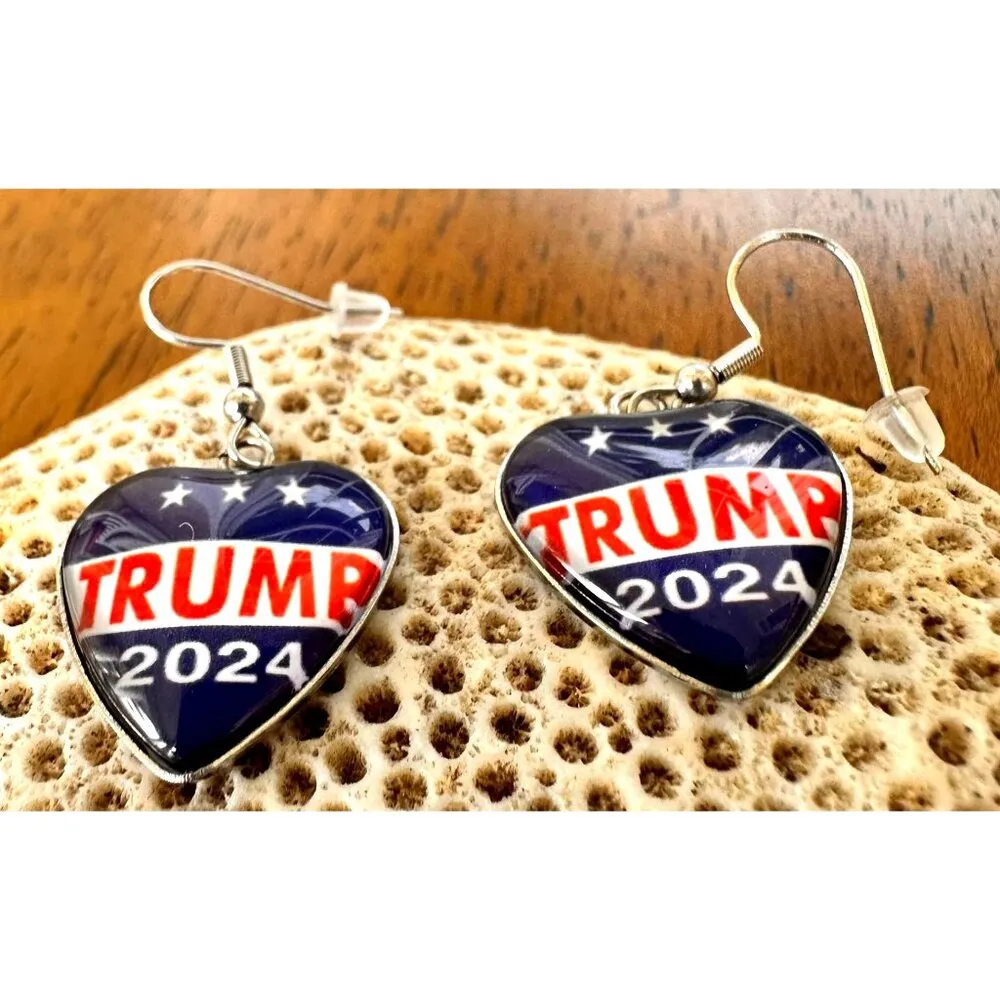 Trump 2024 MAGA Earrings Patriotic New Heart Shaped Dangle Hooks Electi… Blue - Image 11
