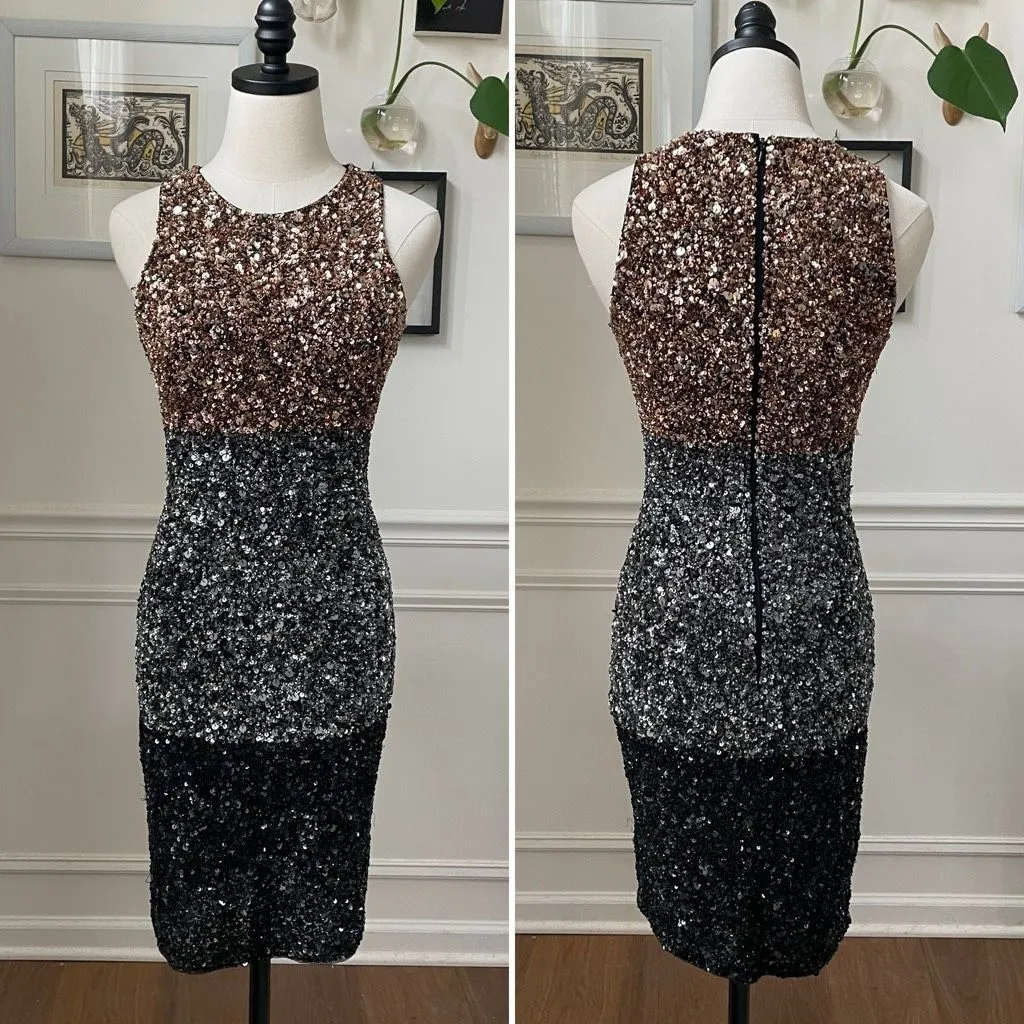 French Connection Sequin Cocktail Dress Metallic Colorblock Stripe Gold Silver 4 - Image 2