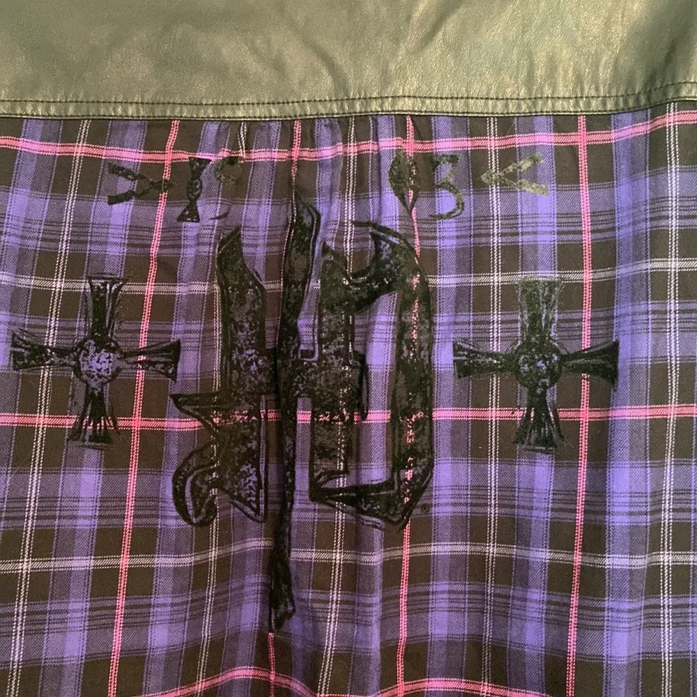 Harley Davidson Purple Plaid Leather Snap Front Shirt Size XL - Image 6