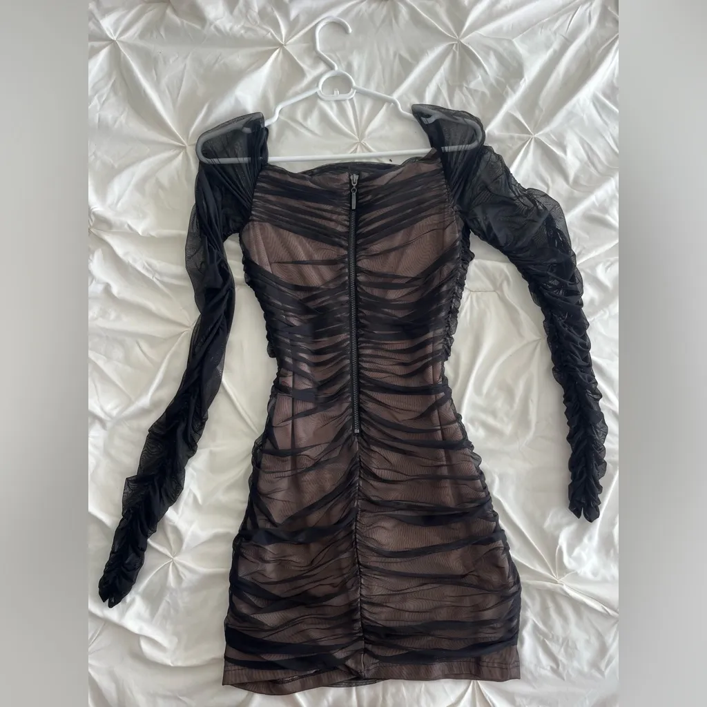 bebe Black and Brown Mesh Long Sleeve Dress - Image 2