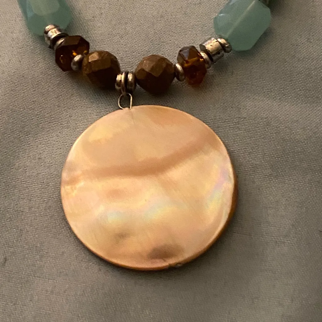 14” To 18” Necklace Round Pearlescent Pendant Beaded Chain Blue Brown Red Boho - Image 3