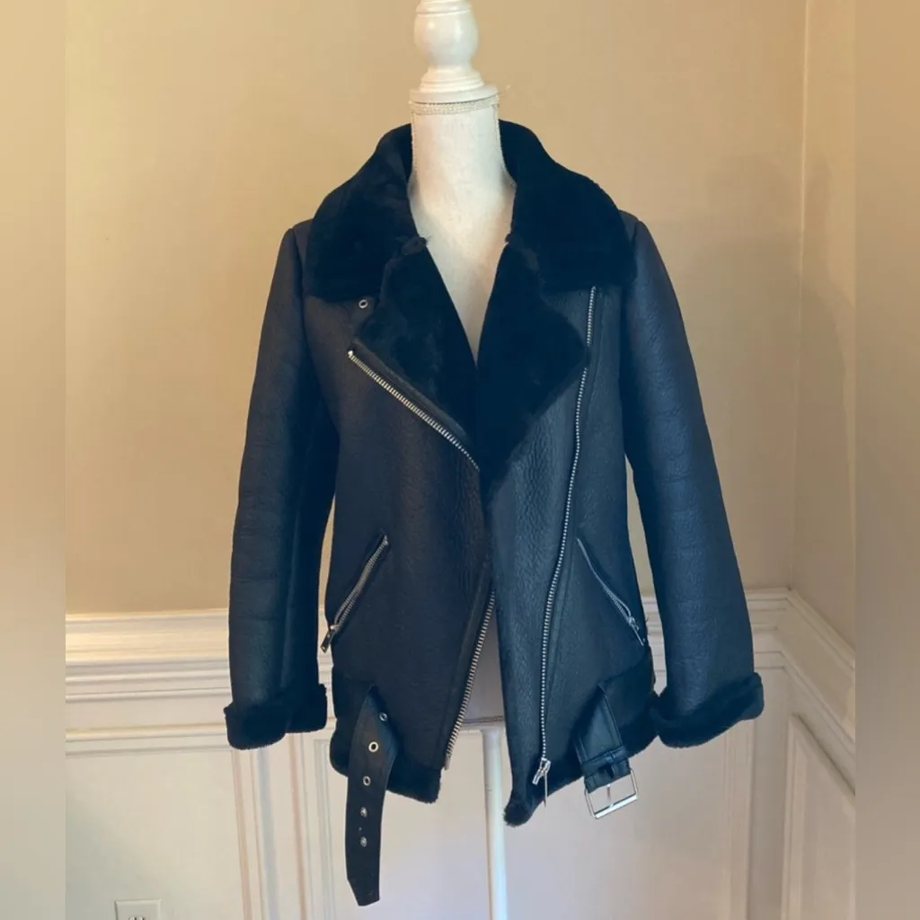 Zara Double-Faced Jacket Oversized Black Faux Suede Blogger Fave Moto Bomber L - Image 8