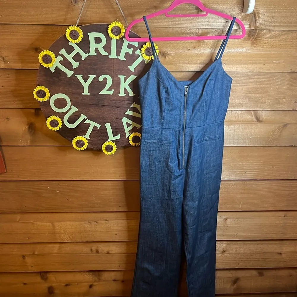 Bisouxx Denim Cotton Jumpsuit Wide Leg Stretch Zip Sleeveless Western Cowgirl Blue - Image 3