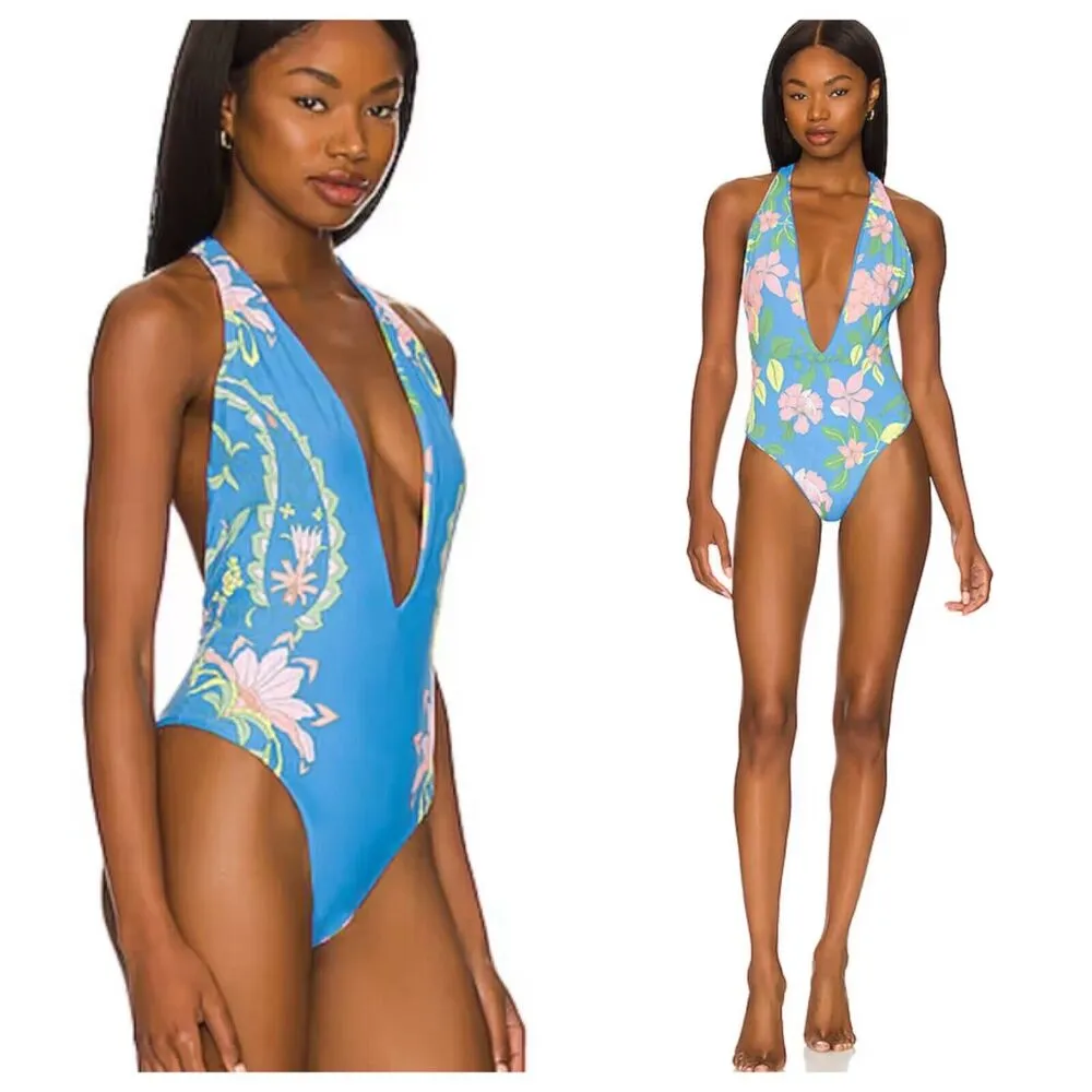NEW Maaji Tiki One-Piece Swimsuit Blue Floral Halter Neck Deep Plunge Neck Large - Image 3