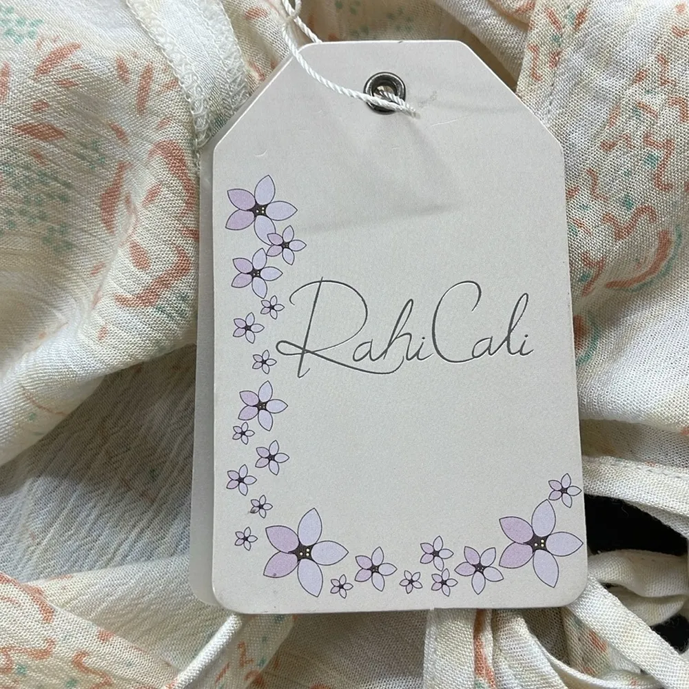 Rahi Cali NWT Peach Floral Print Boho Beach Front Tie Long Sleeve Mini Dress - Image 8