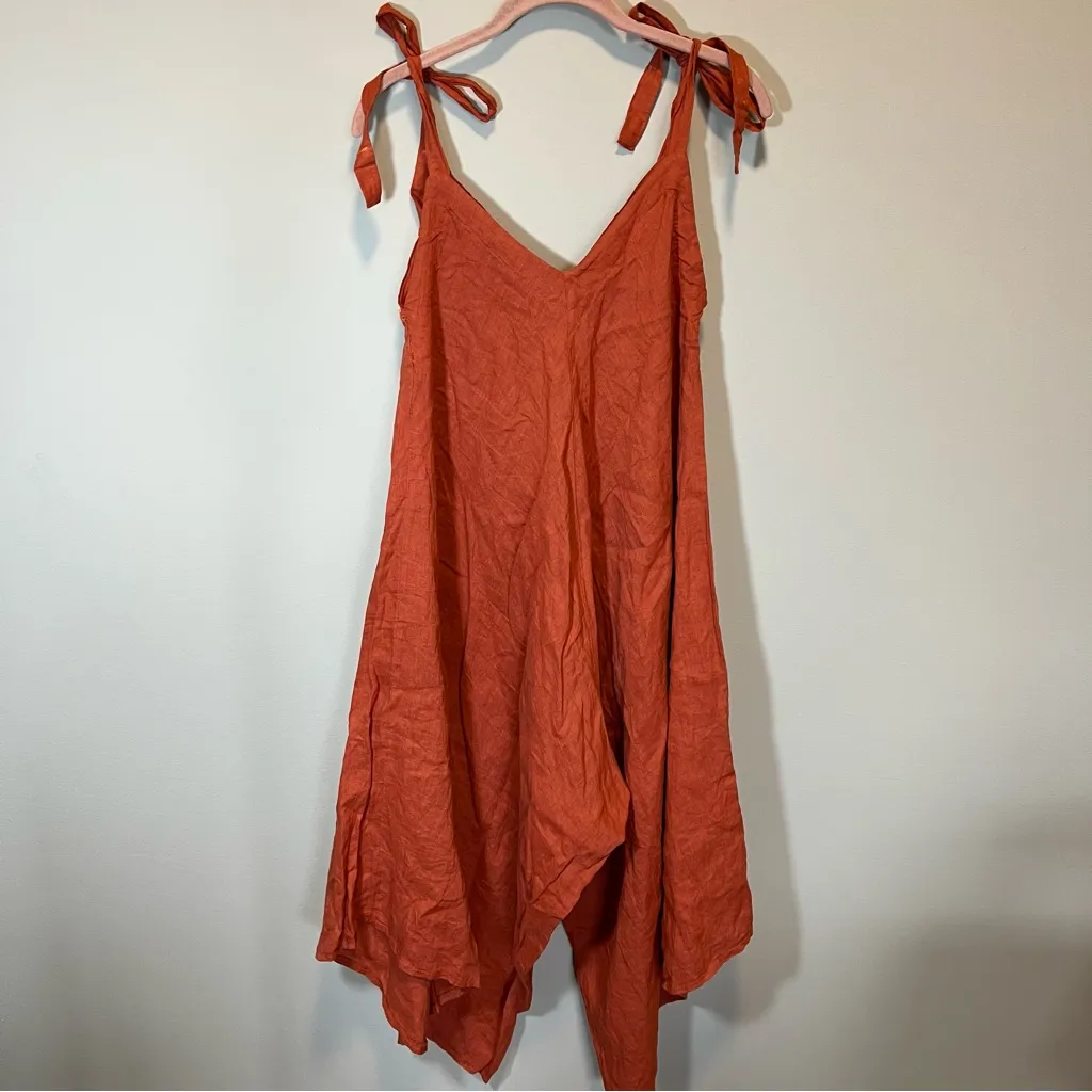 Women’s Burnt Orange Linen Made in Italy Oversized Overalls Size M - Image 5