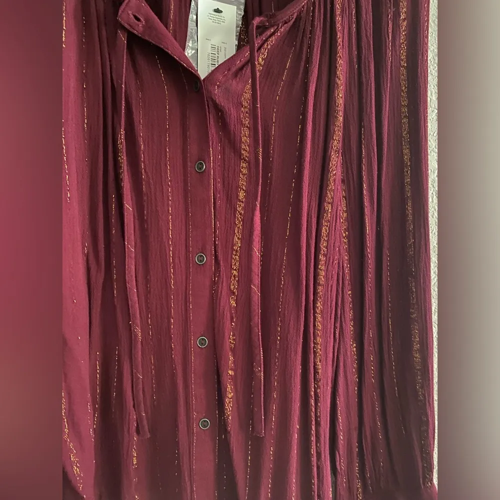 A.n.a Women's Deep Red Ruffle Trim Button Front Blouse Metallic Stripes PXL Fall - Image 5