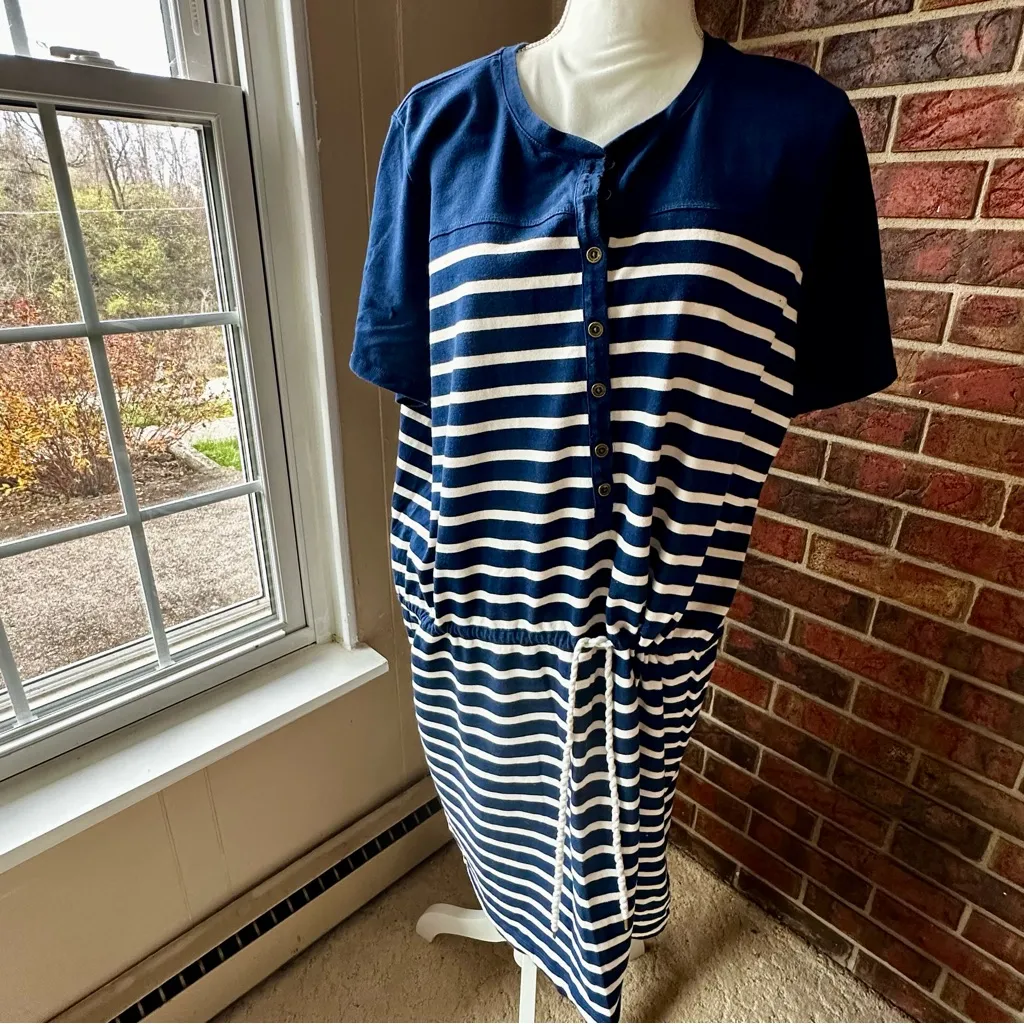 Lauren Ralph Lauren Navy and White Striped Tee Shirt Dress Drawstring Preppy - Image 2