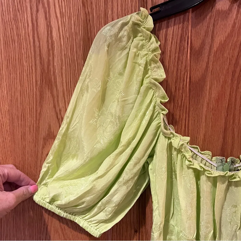 Motel Mentari Puff Sleeve A-Line Satin Rose Lime Green Mini‎ Dress Size XS - Image 4