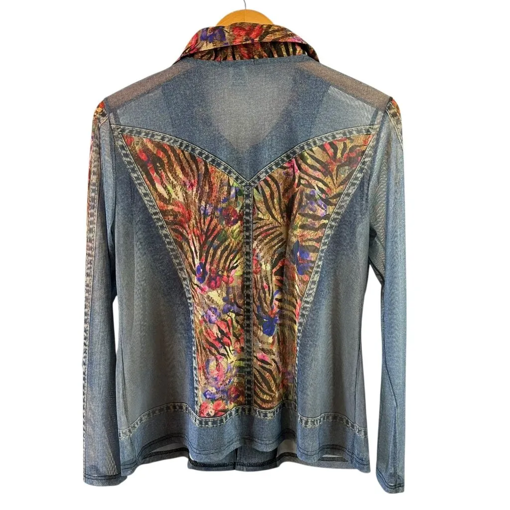 Damee Sheer Trompe L’Oeil Jean Jacket with Wired Collar – Women’s Size Large Blue - Image 5