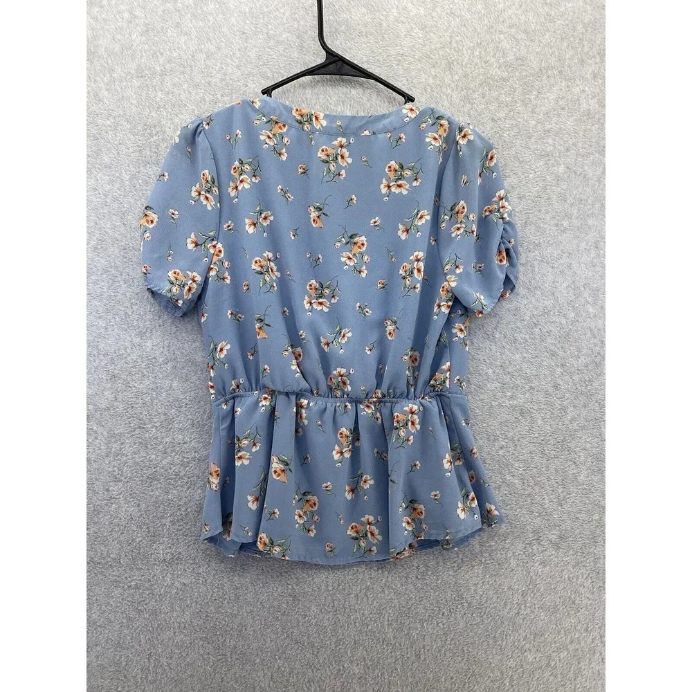 Sweet Wanderer Women's Blouse Blue Floral Peplum Surplice Small Ruched Sleeve - Image 2