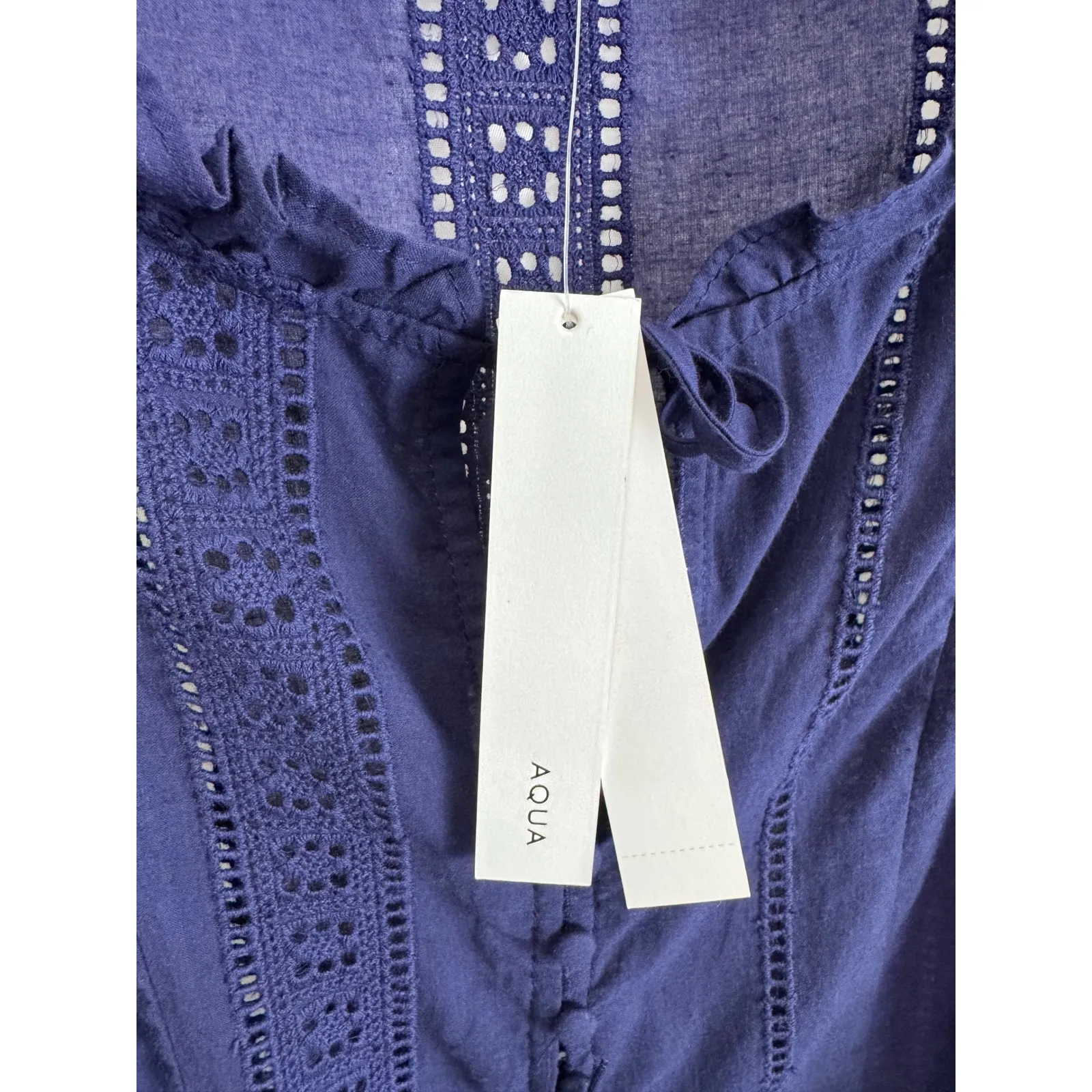 AQUA Eyelet Blouse Ruffle Trim Long Sleeve Navy Blue Top Size S‎ - Image 6