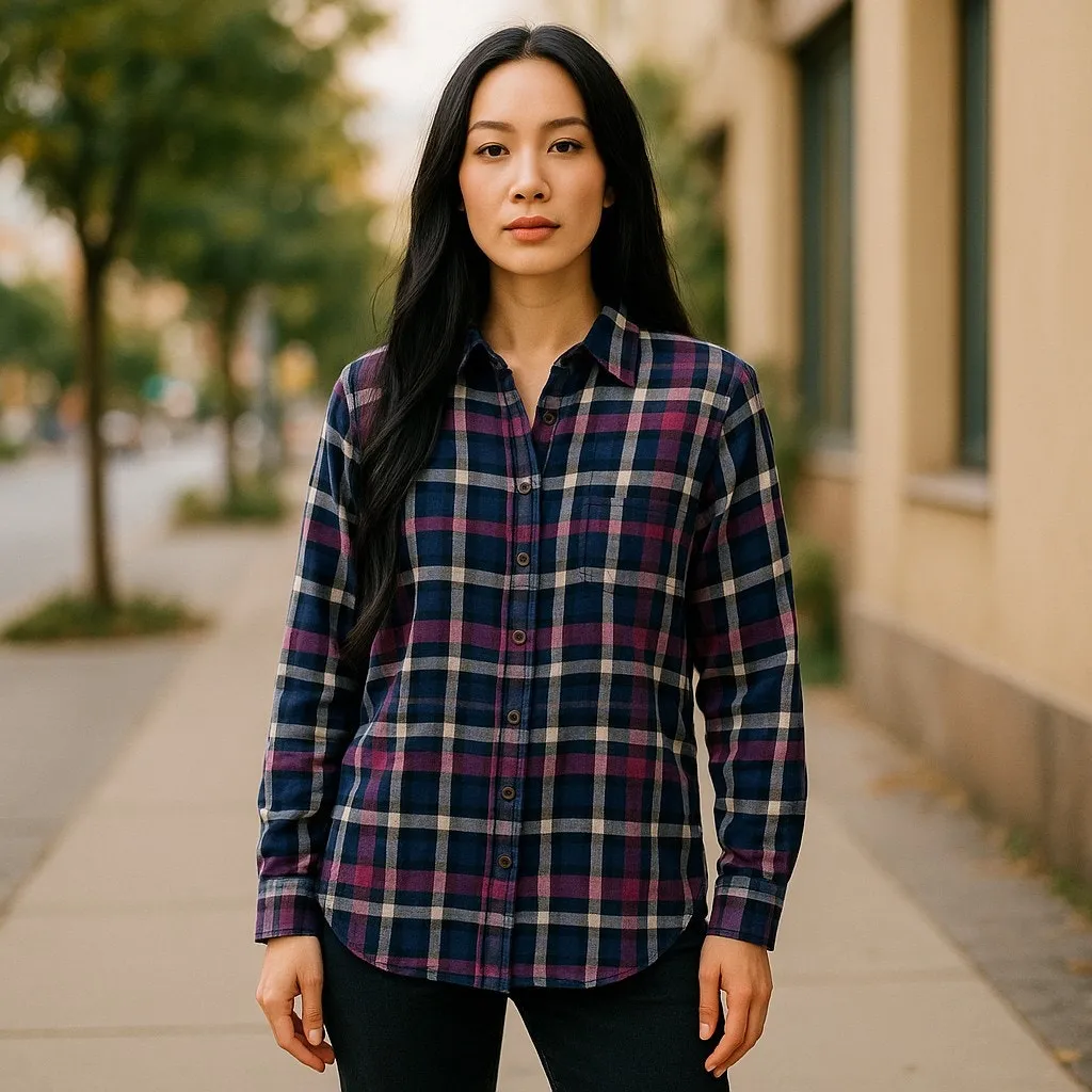 Jach's Girlfriend‎ Women's Purple Blue Cream Plaid Flannel Shirt with Pockets L - Image 4