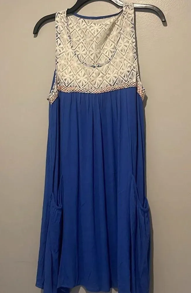 Umgee Lace Cream & Blue boho stye short dress with pockets - Image 4