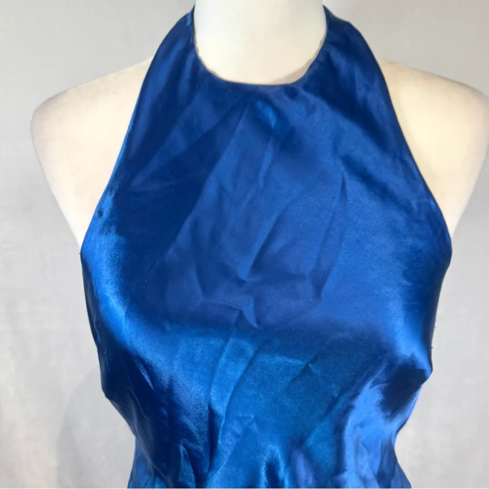 Blue satin halter neck faux wrap twisted backless mini dress size medium - Image 6