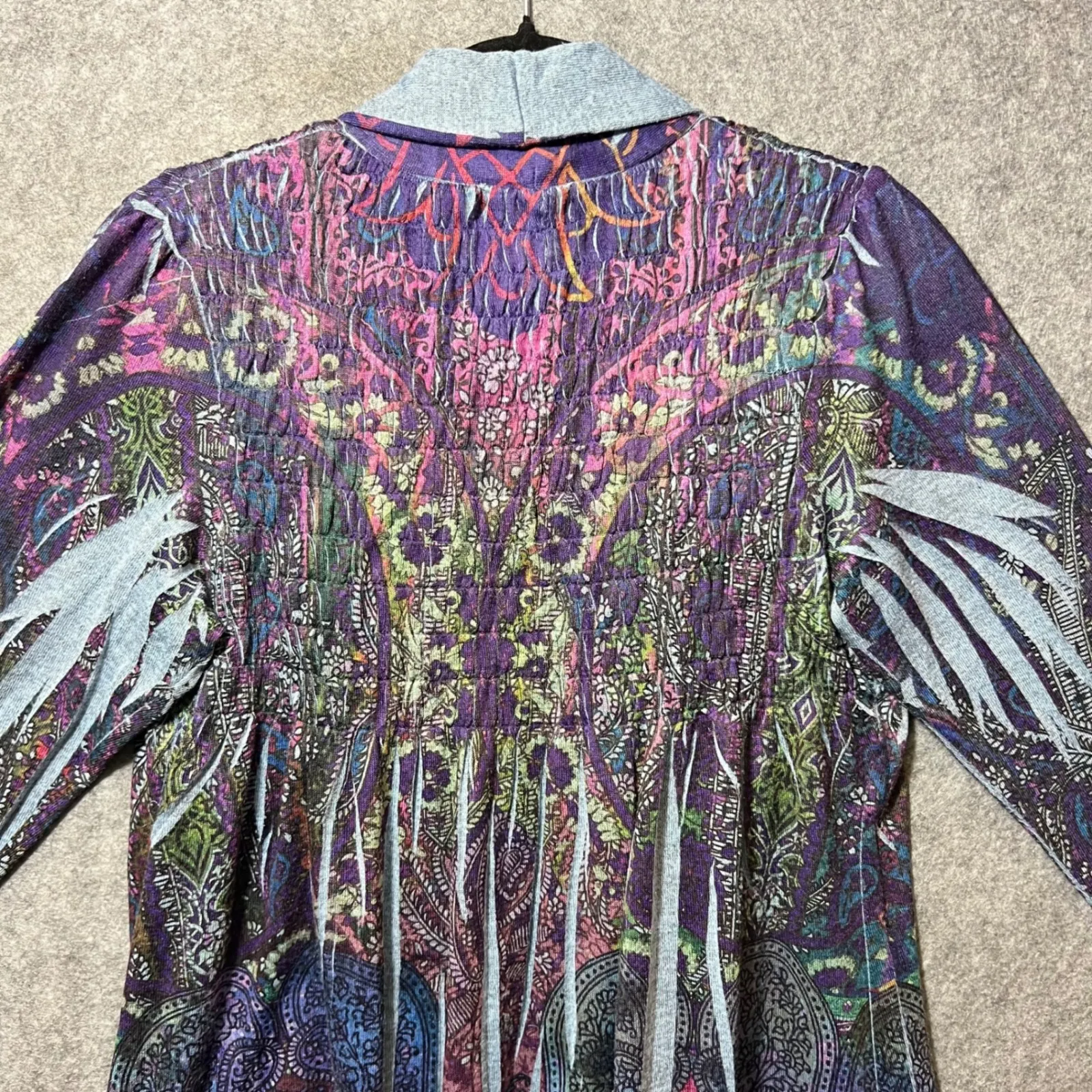Me World Boho Open Front Cardigan Jacket L Multicolor Paisley Print Smocked Back Purple Size L - Image 8