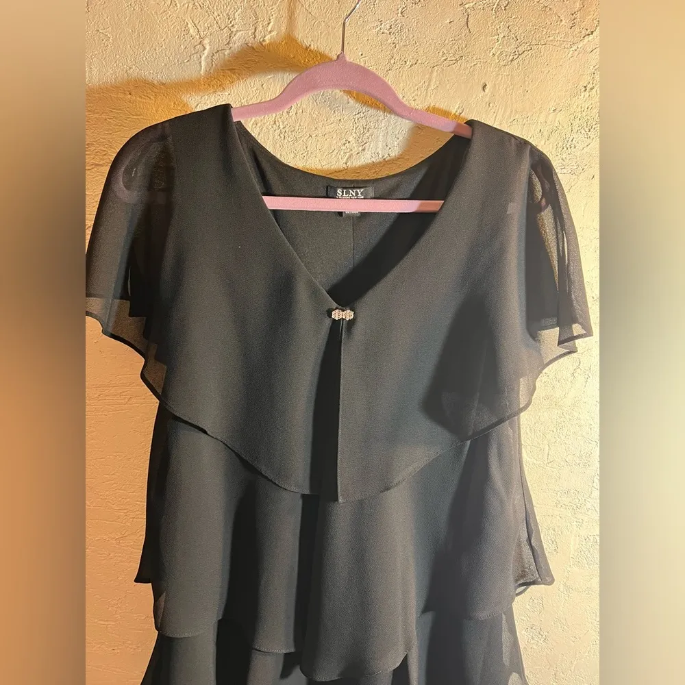 SLNY Black Asymmetrical Ruffled Midi Dress - Image 2