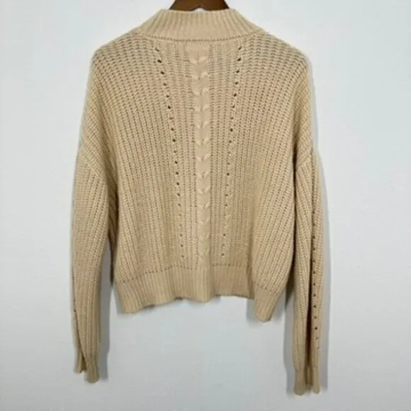 Olivia Grey Beige Cream Cable Knit Ribbed Mockneck Sweater Fisherman Cottagecore Tan Size L - Image 5