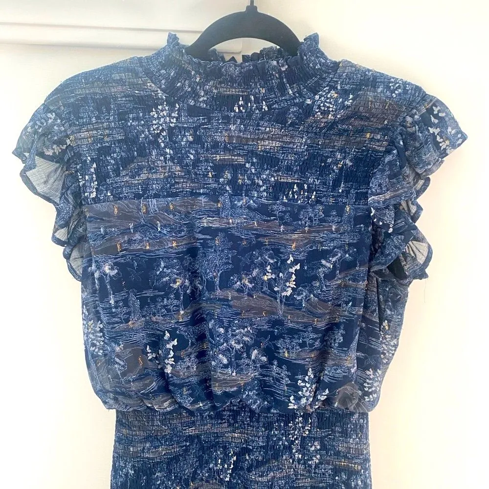 AQUA Smocked Mock Neck Mini Dress Blue Women’s M Tiered Ruffle Fairy Whimsigoth - Image 3