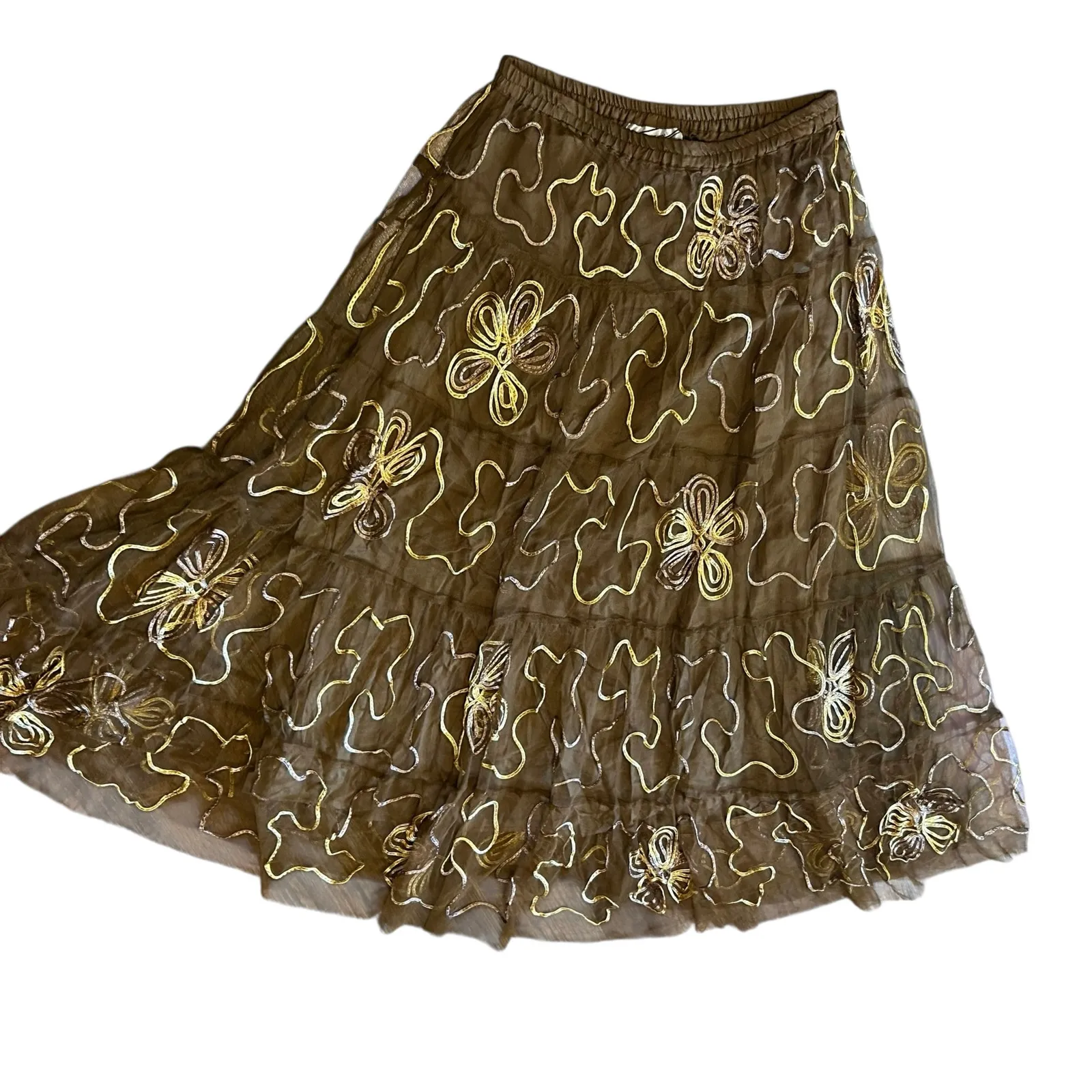 Sterling Styles Maxi Skirt Brown W/ Gold Embroidery One Size Lining Tulle Boho - Image 4