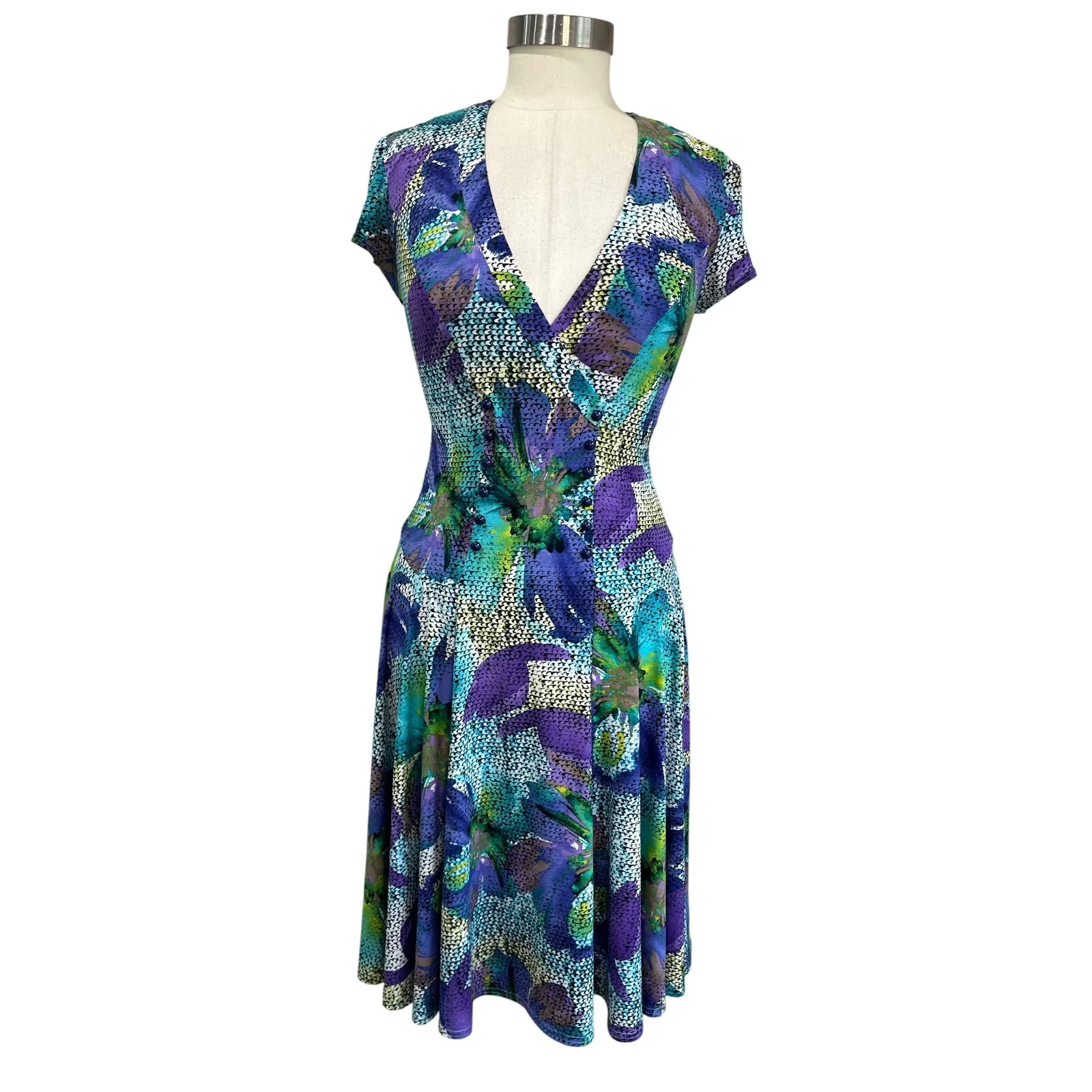 Joseph Ribkoff Vintage Abstract Print Wrap Fit Flare Dress Cocktail Size 6 - Image 2