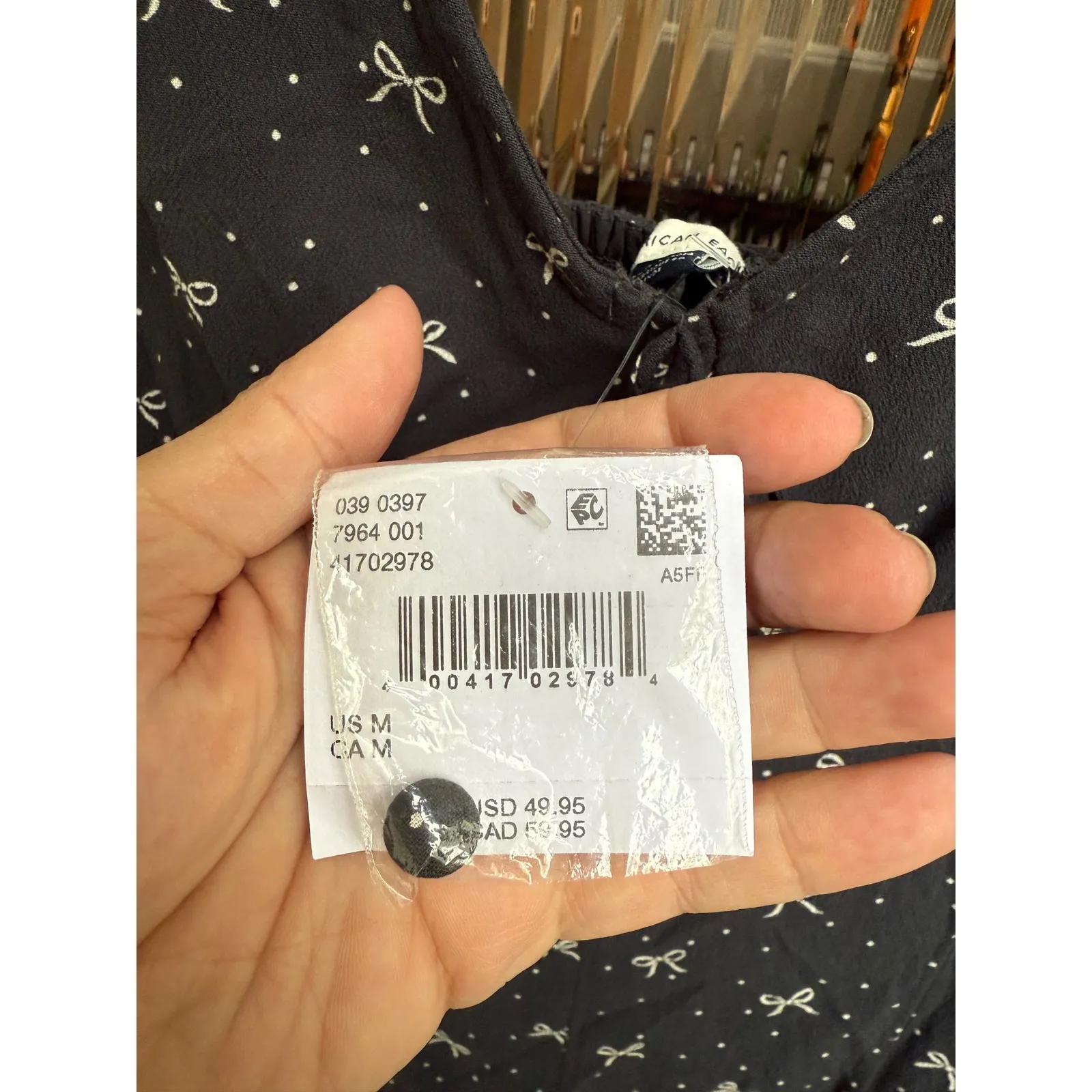 American Eagle Long Sleeve V Neck Romper‎ Black with Bows Size Medium NWT - Image 7