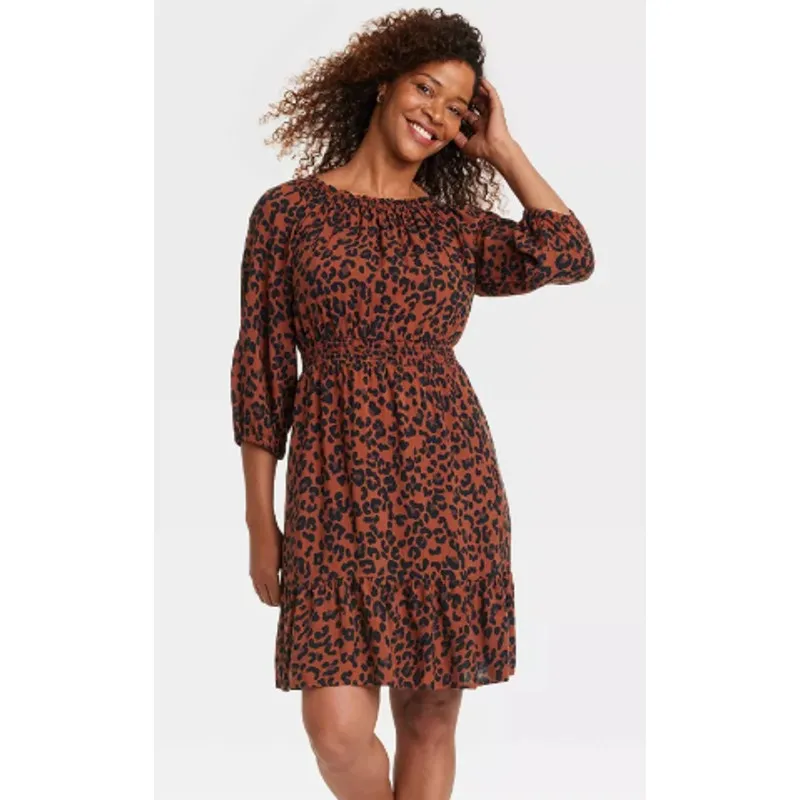 Knox‎ Rose Women's Tiered Leopard Print Dress Smocked Rust Orange Size XXL - Image 3