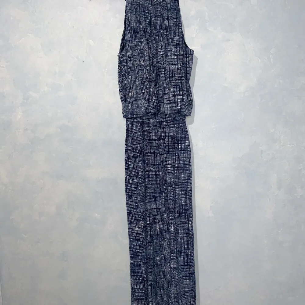 London Times Blue & White Halter Wide Cropped Leg Jumper Pockets Keyhole Size 8 - Image 5