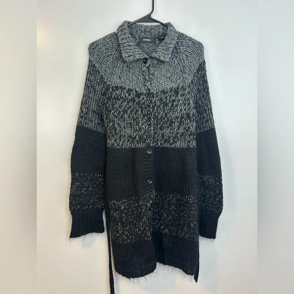 Express Striped Black/Grey Mohair/Wool Long Sleeve Belted Sweater Dress Large - Image 2