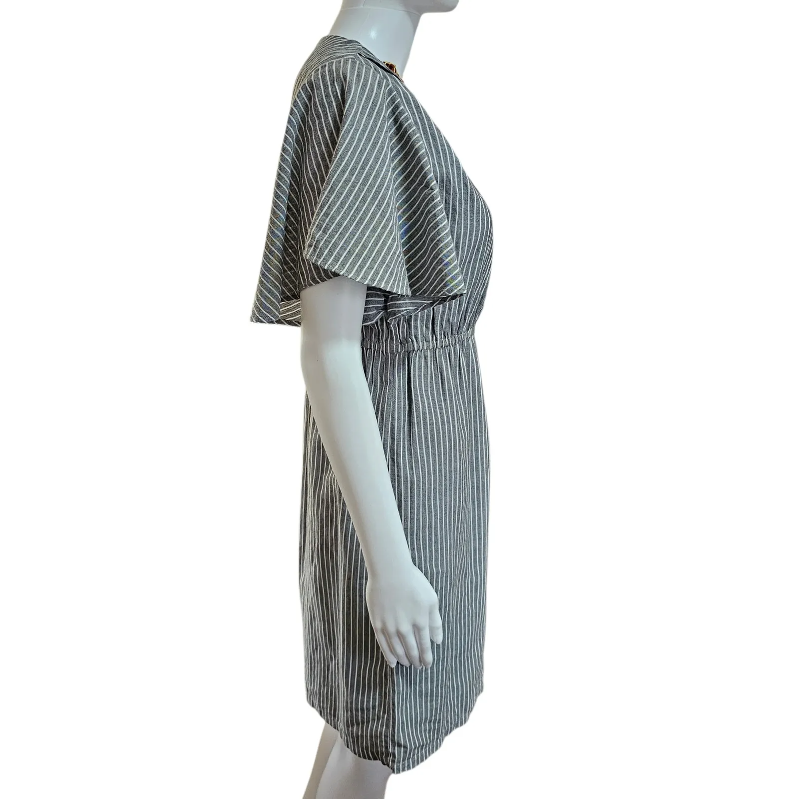 Judith March Striped Flutter Sleeve V-Neck Dress Floral Applique S Retro - Image 4