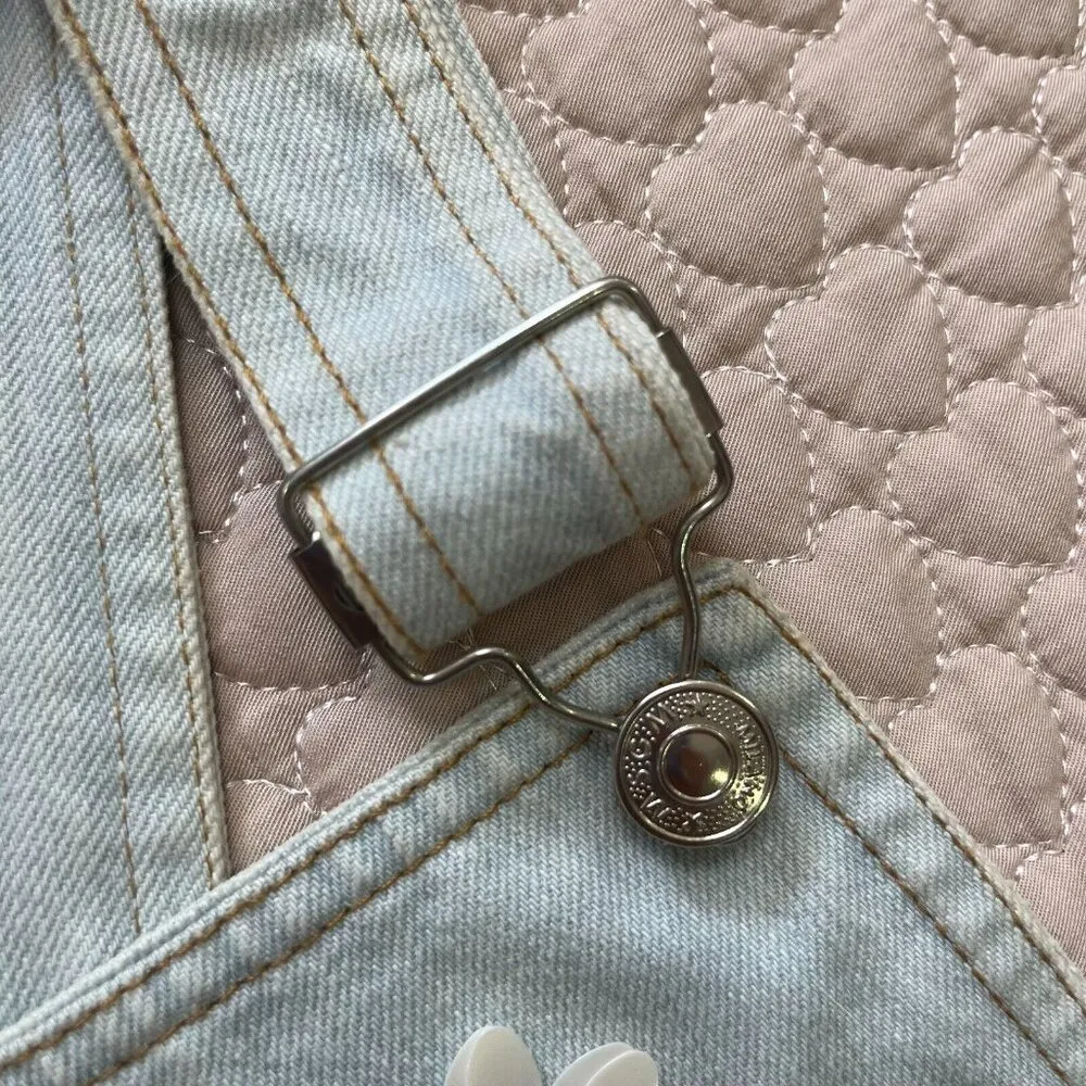 MSGM Denim Overall Jumper Dress Mini Women's Distressed Sz 36 Beaded 3D Flowers Blue - Image 7