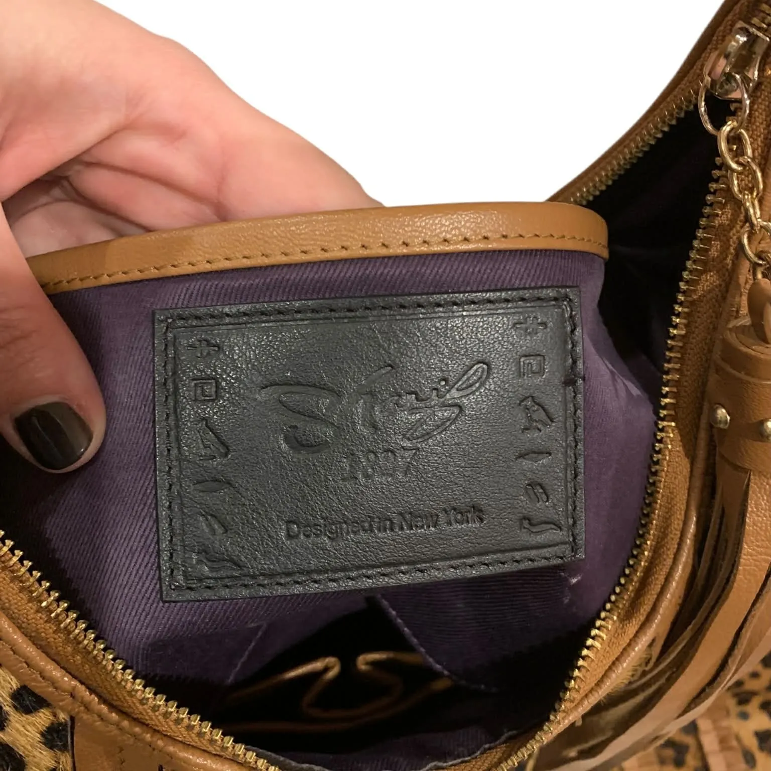 SHARIF 1827 Leather & Leopard Calf Hair Hobo Bag Tassel Boho Vintage Mob Wife Tan - Image 9