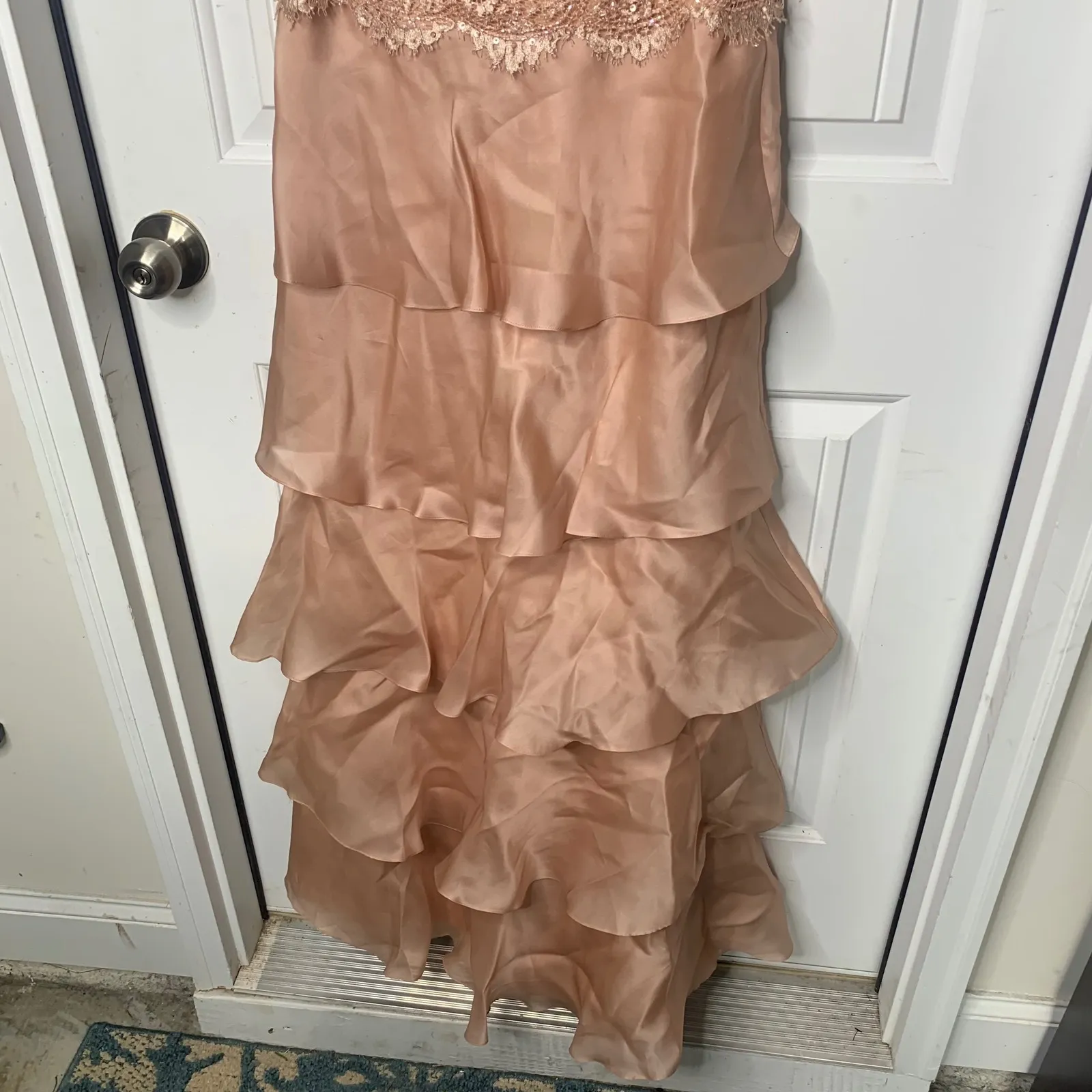 Teri Jon floral lace strapless ruffle tiered maxi gown size 4 prom wedding guest Brown - Image 4