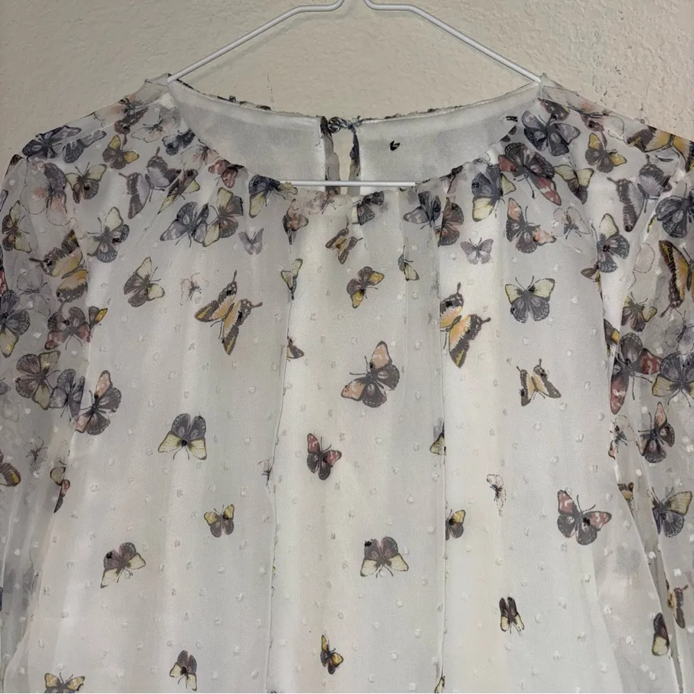 white lined shirt with sheer sleeves, butterflies, Large - Image 2