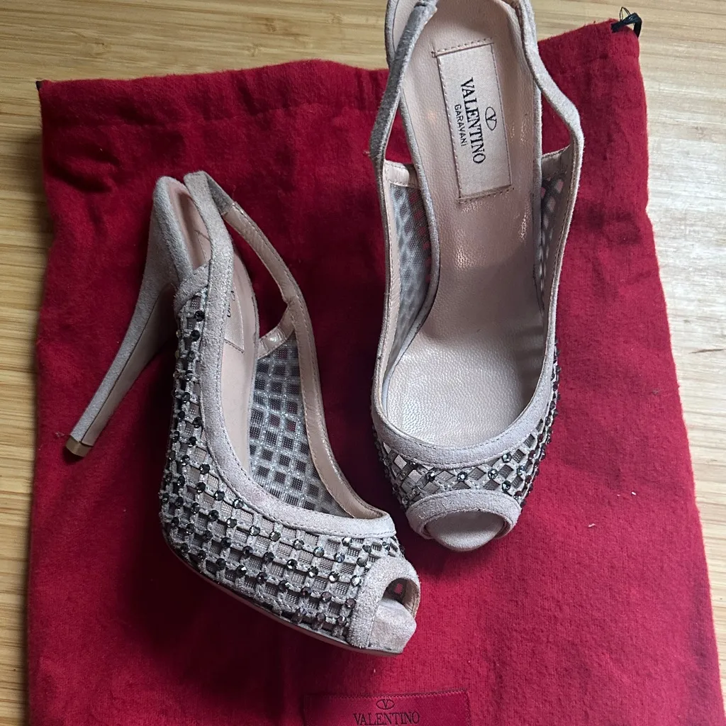 Valentino Beige Crystal Embellished Suede and Mesh Peep Toe Slingback Pumps - Image 2