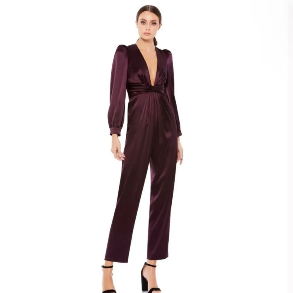Mac Duggal 2647 Womens Plum Front Twist Puff Sleeve Jumpsuit Pants - Image 2