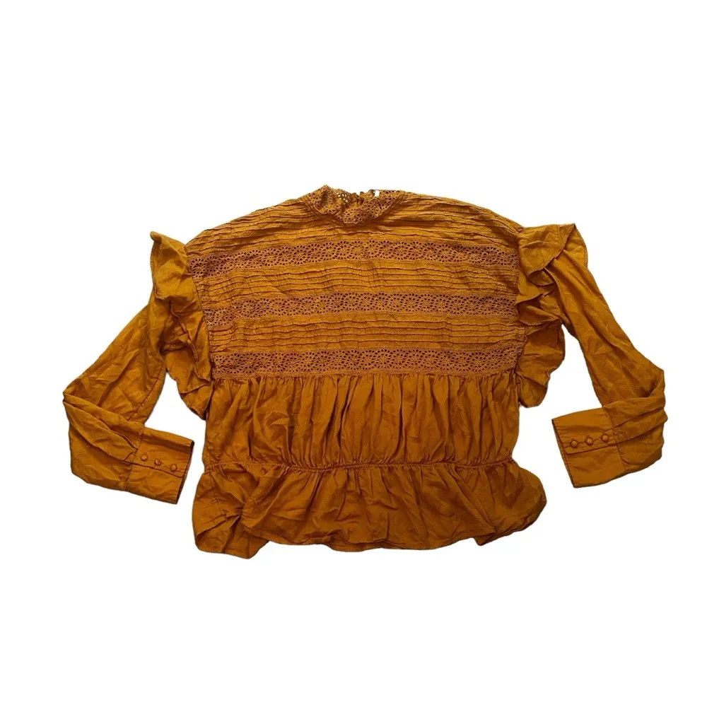 Free People Mustard Yellow High Neck Long Sleeve Eyelet Smocked Ruffle Top, Sz L - Image 10