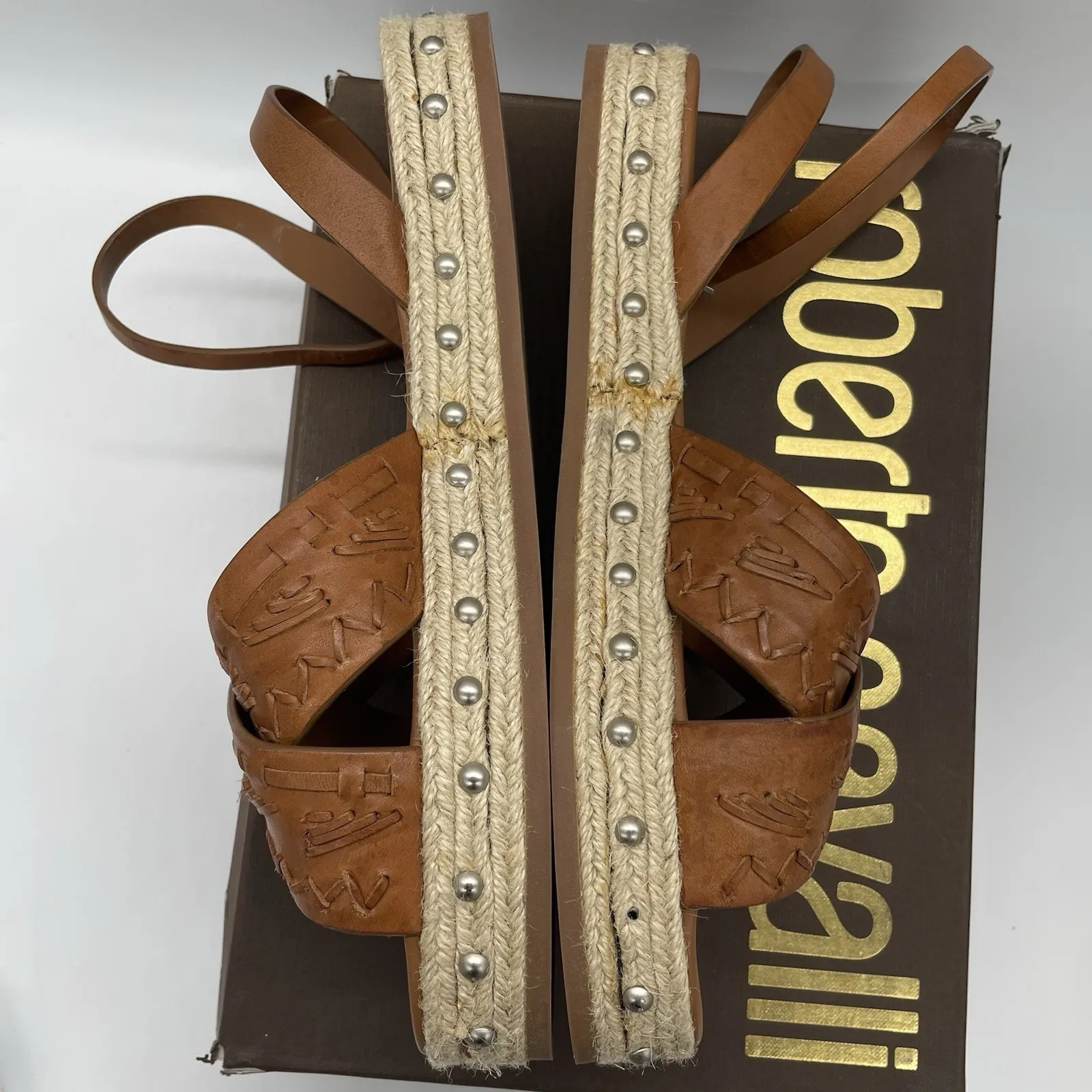 Roberto Cavalli Womens 41 Shoes Brown Platform Espadrillas Vacchetta Sandals - Image 11