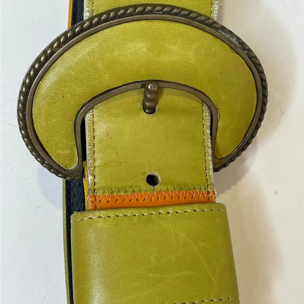 Vintage Alden Howard Women’s Boho Stylish Green and‎ Yellow Leather Belt Size S - Image 5