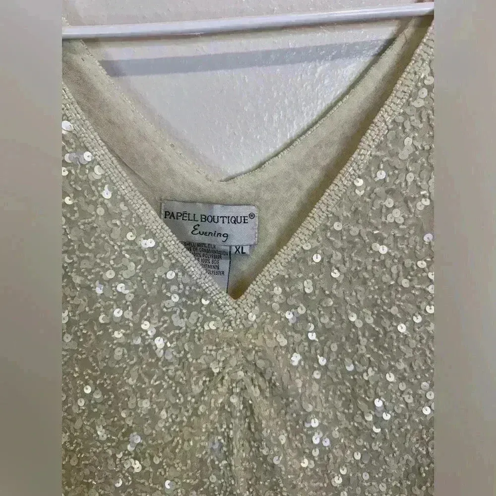 Vintage Papell Boutique Women’s Sequin Beaded Split Flutter Sleeve Silk Blouse - Image 3