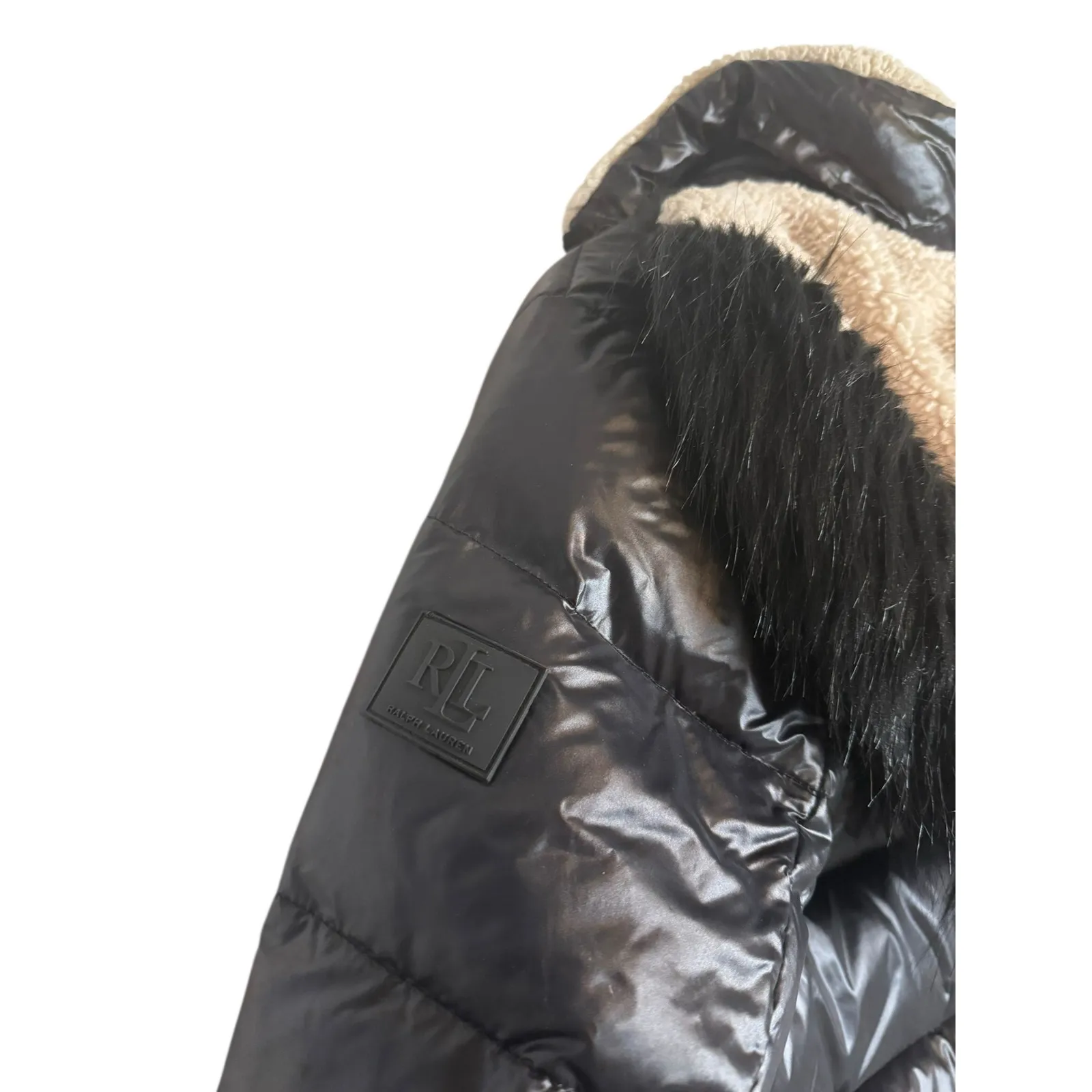 Lauren Ralph Lauren Black Sherpa Hooded Winter Down Fill Puffer Coat Size Medium - Image 11