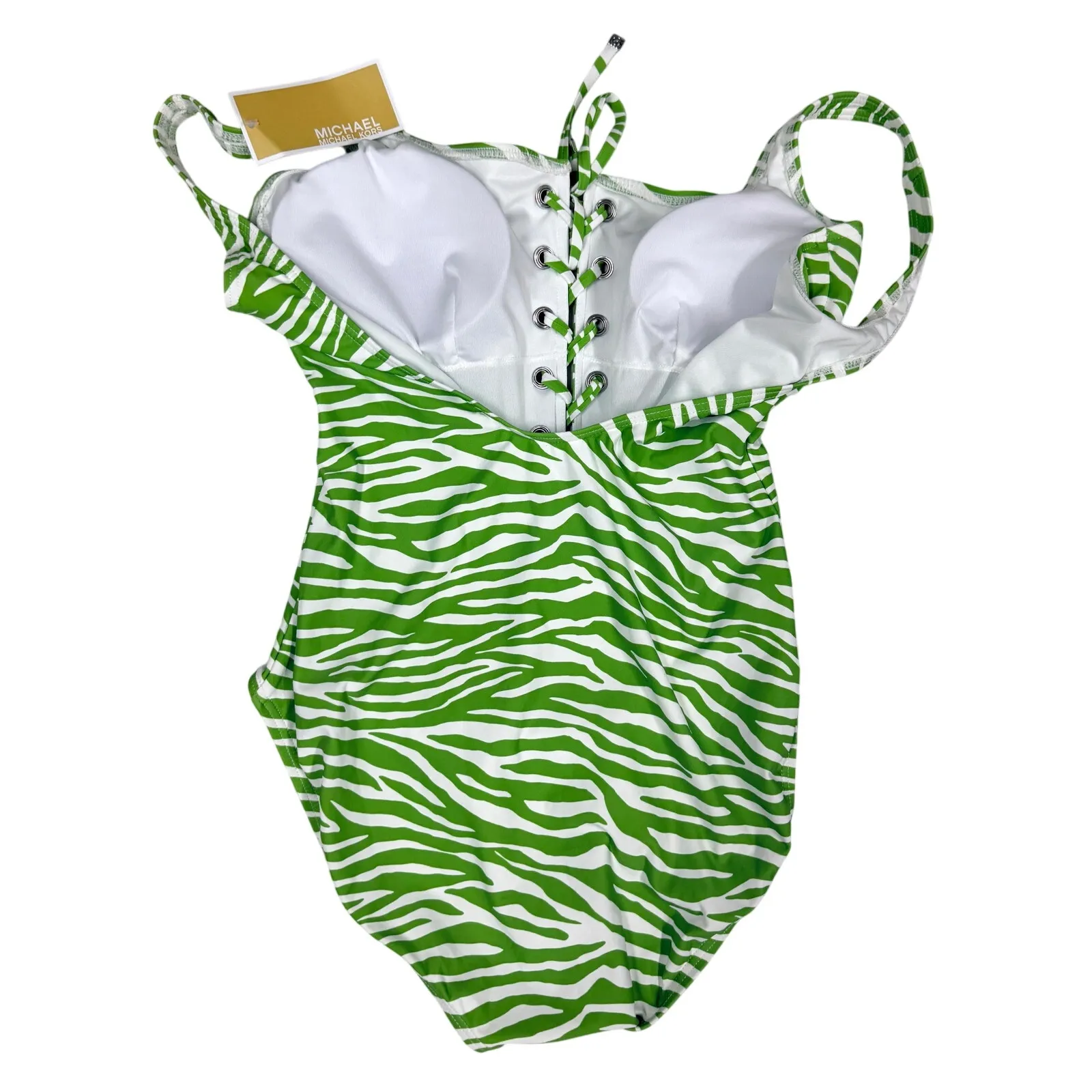 NWT Michael Kors Jungle Green Zebra Lace Up 1 Piece Swimsuit L Slimming Resort Size L - Image 3