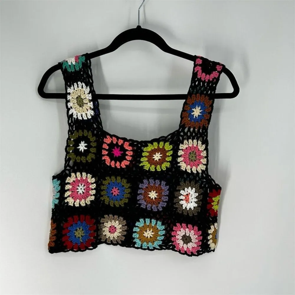 Retro Vintage Handmade Crochet Granny Square Crop, Size M Black Size M - Image 2