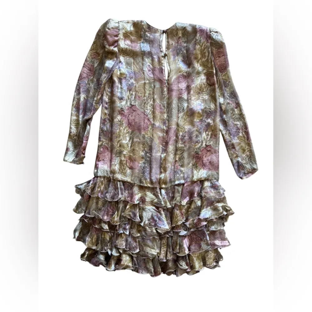 Judy Hornby vintage couture pastel floral metallic gold 100% silk dress size 6 Pink - Image 7