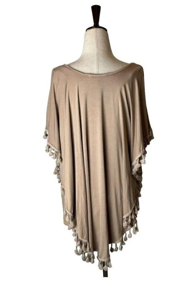 Anthropologie Eri And Ali Shirt Women Medium Tan Tasseled Dolman Top Boho Hippie - Image 5