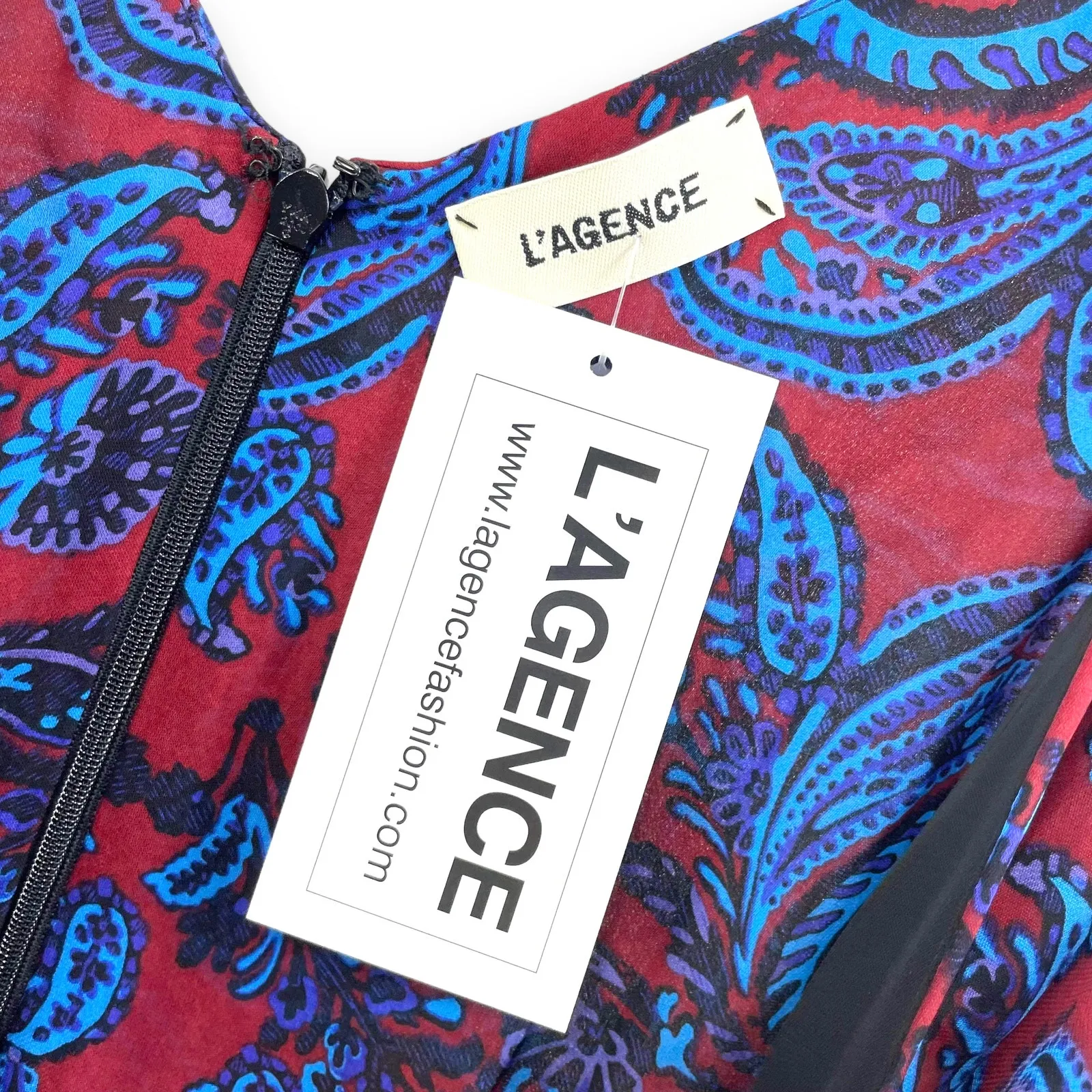 LAGENCE Red Blue Paisley Surplice Sleeveless Midi Dress - Image 5