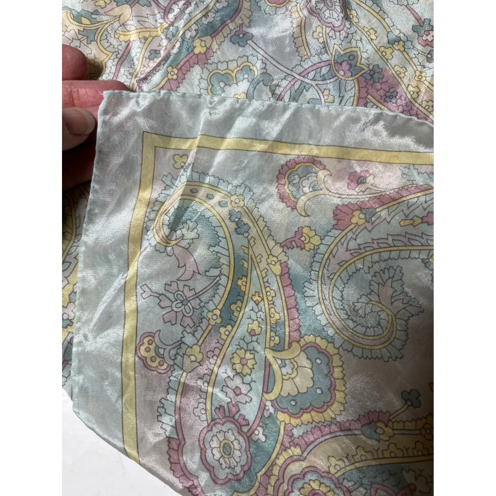 Vintage Pastel Paisley Mod Neck Scarf Satin Square DUROTEST 27in Green - Image 4