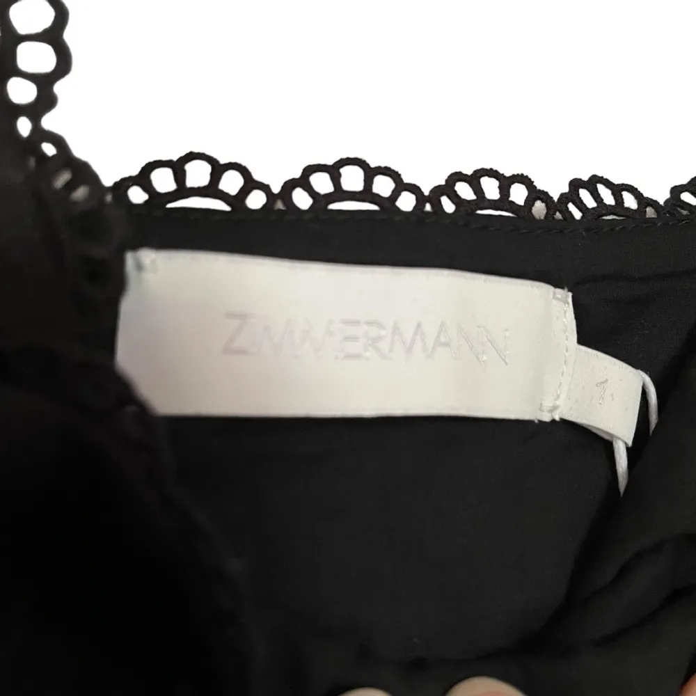 Zimmermann Kirra black linen tie shoulder peplum top with eyelet lace trim - Image 6