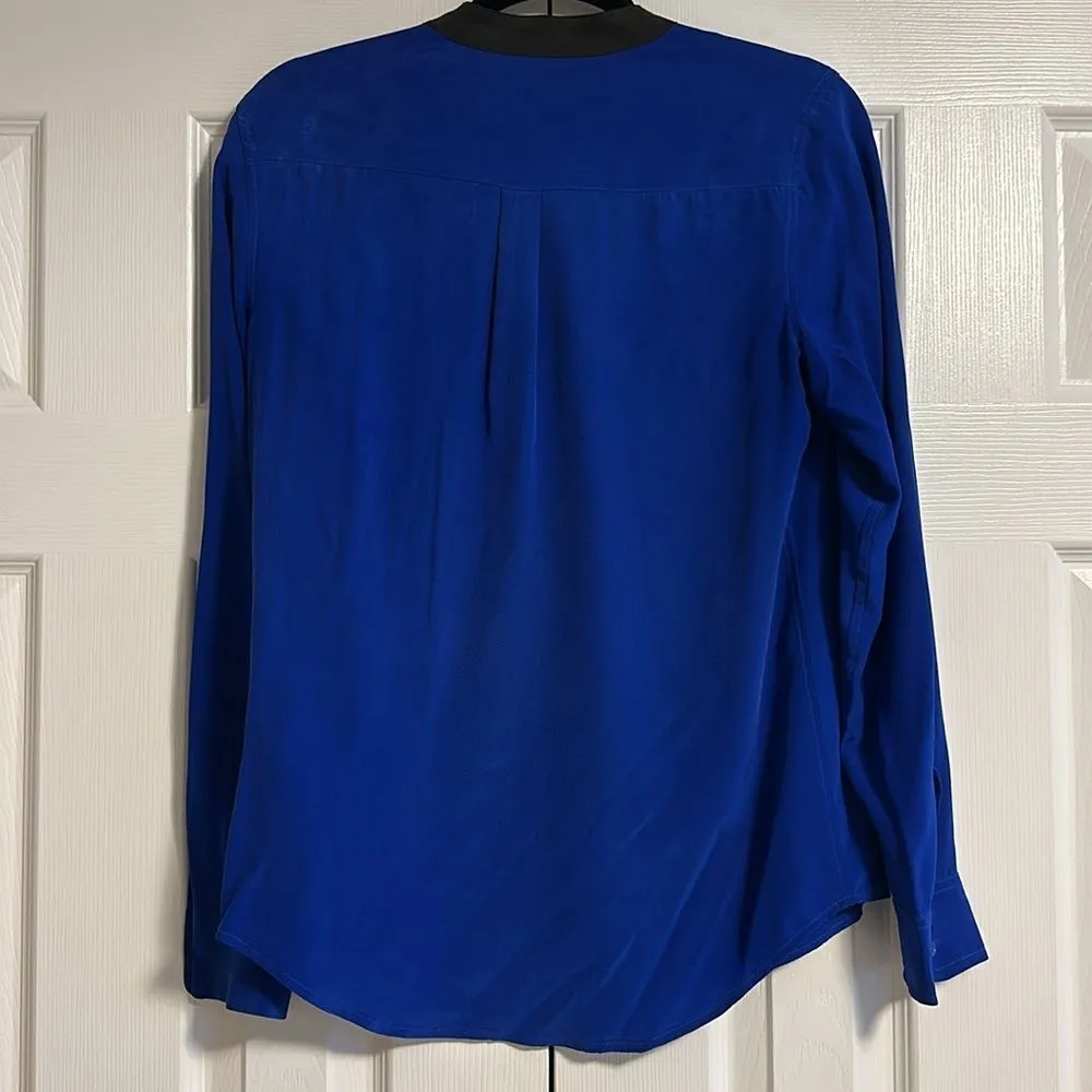 Equipment Women’s Royal Blue with Black Trim Collarless Silk Button Down Blouse - Image 5